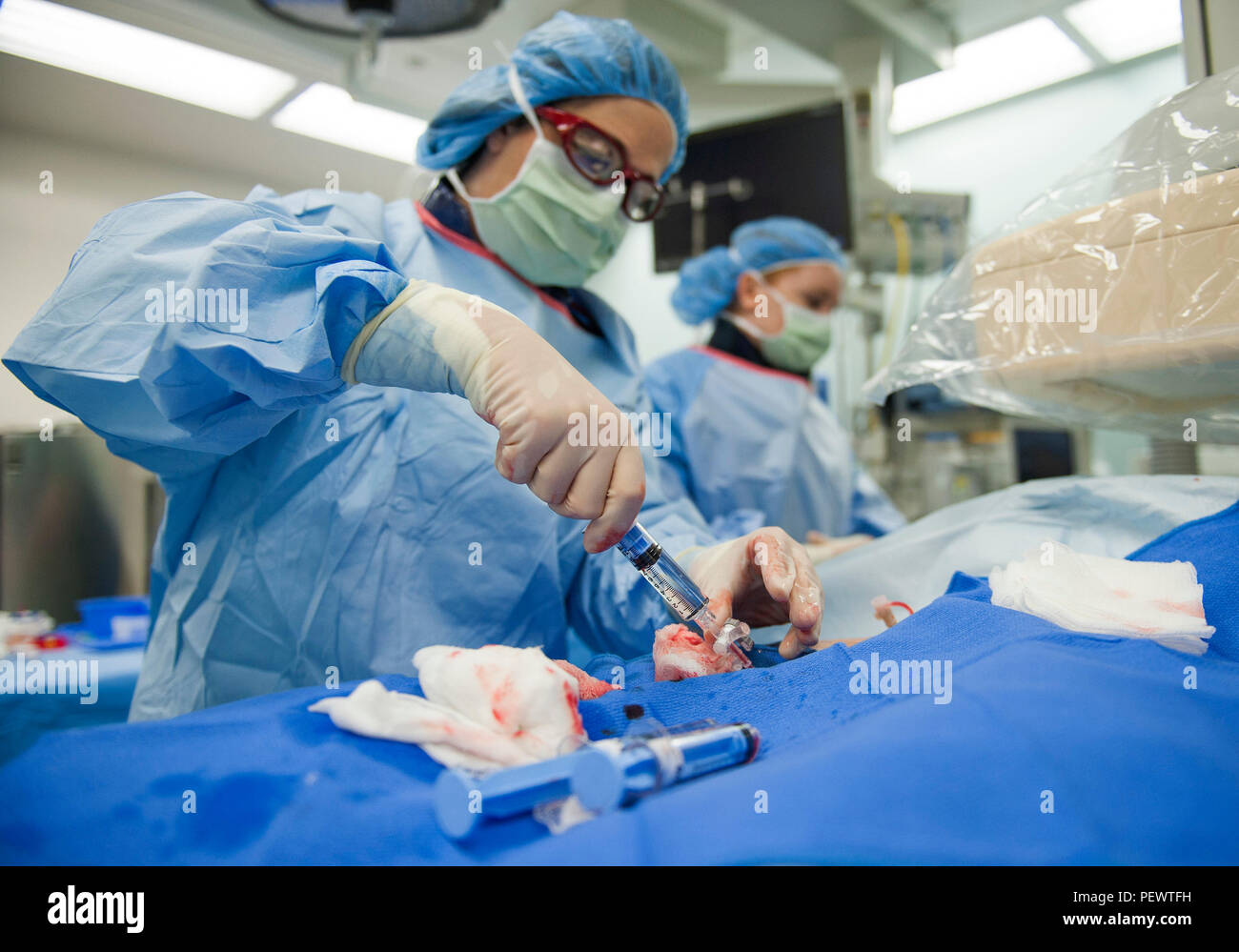 Oberstleutnant (Dr.) Maria Lahti, Chief Kardiologe der 96 medizinischen Operationen der Squadron, führt ein Herz Catheterization Verfahren 14.01.at Eglin Air Force Base, Fla. Des Krankenhauses neueste invasive bildgebende Verfahren können Ärzte zu ermitteln, wie gut Blut des Patienten fließt in die Arterie, die feeds das Herz. (U.S. Air Force Foto/Ilka Cole) Stockfoto