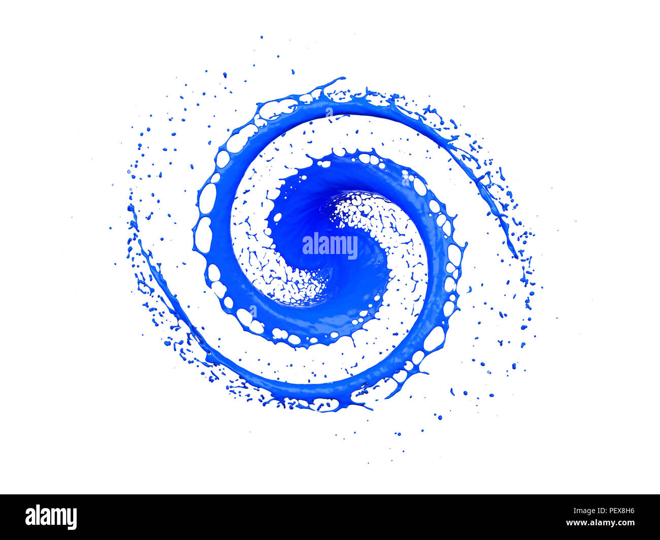 Blaue Flüssigkeit verspritzen im Kreis und Tropfen auf weißem Hintergrund, 3D-Rendering Stockfoto