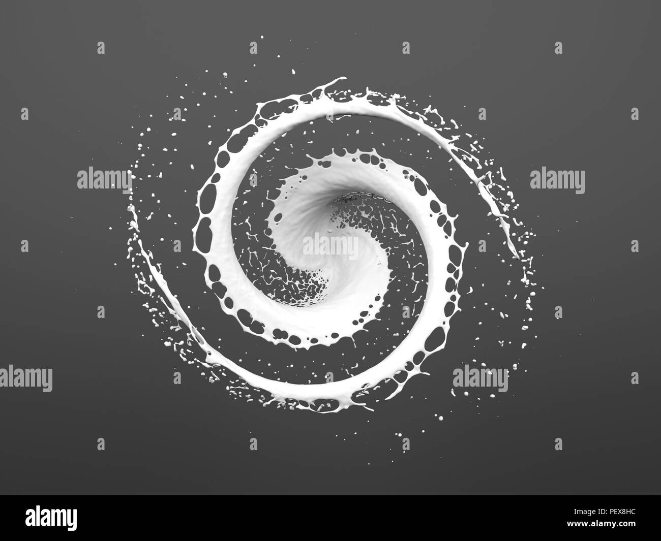 Weiße Flüssigkeit verspritzen im Kreis und Tropfen auf weißem Hintergrund, 3D-Rendering Stockfoto