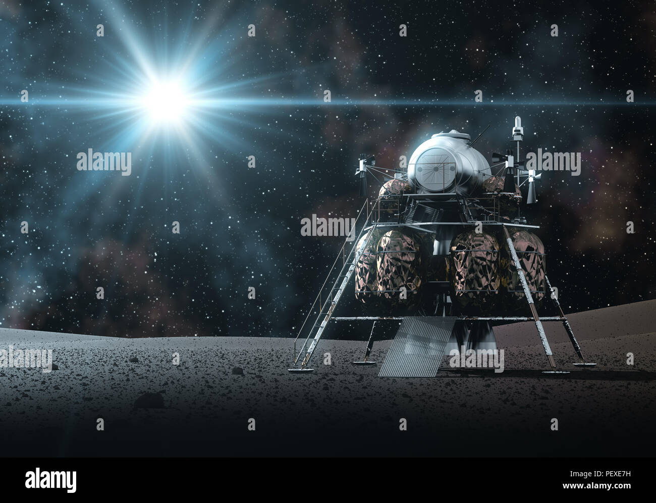 Space Lander auf den Strahlen des Lichts. 3D-Darstellung. Stockfoto