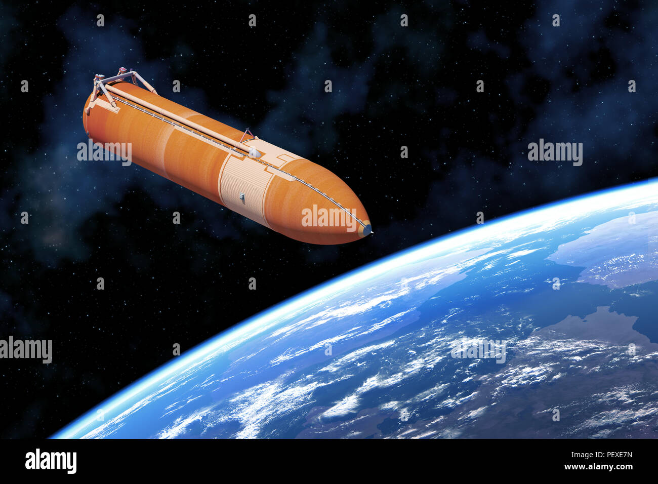 Space Shuttle externe Behälter über dem Planeten Erde. 3D-Darstellung. Stockfoto