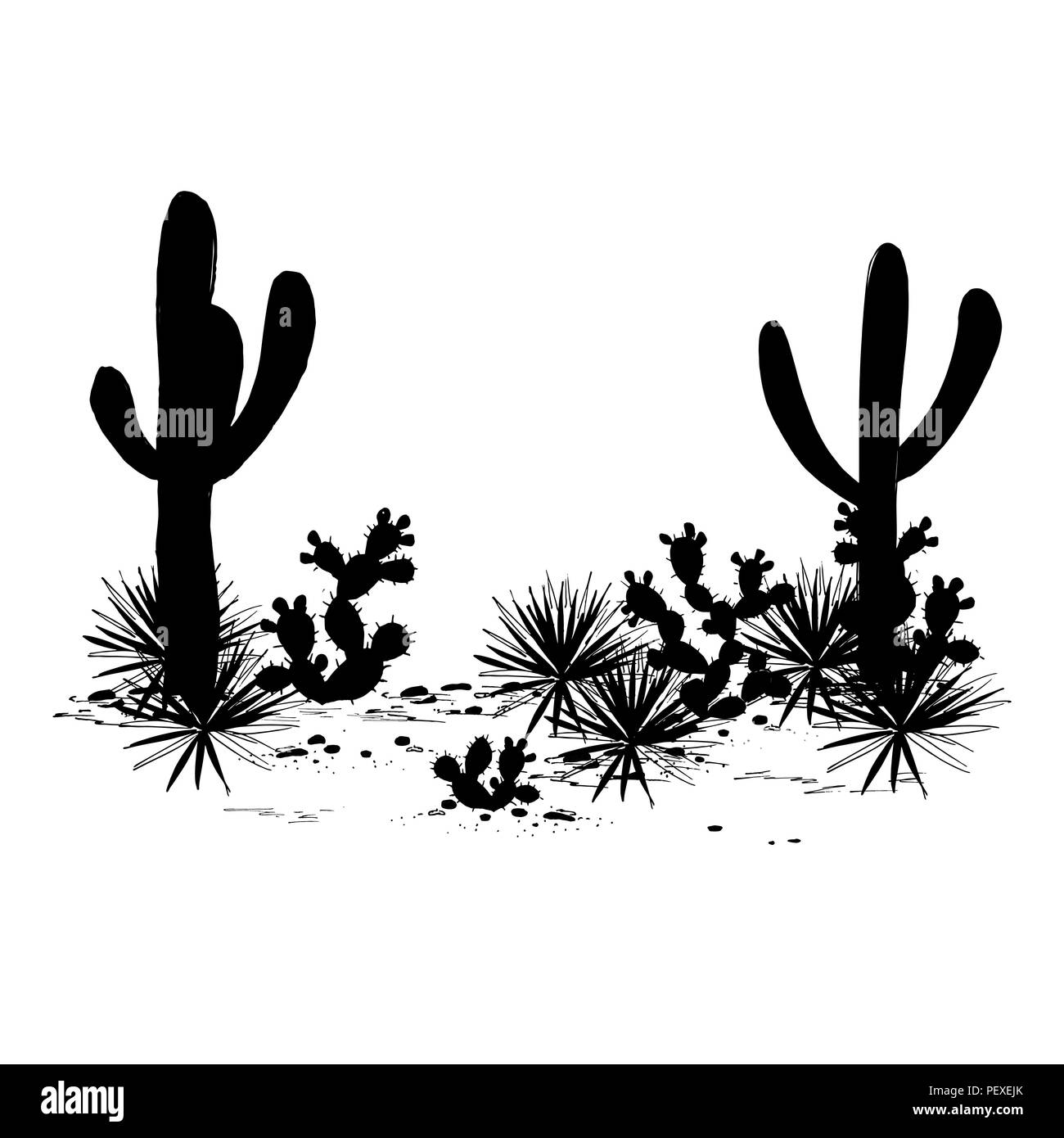 Kakteen Landschaft. Vektor Silhouetten, Saguaro, Feigenkaktus, und Agaven. Schwarze und weiße Banner, Platz für Text. Mexikanischen Hintergrund Stock Vektor