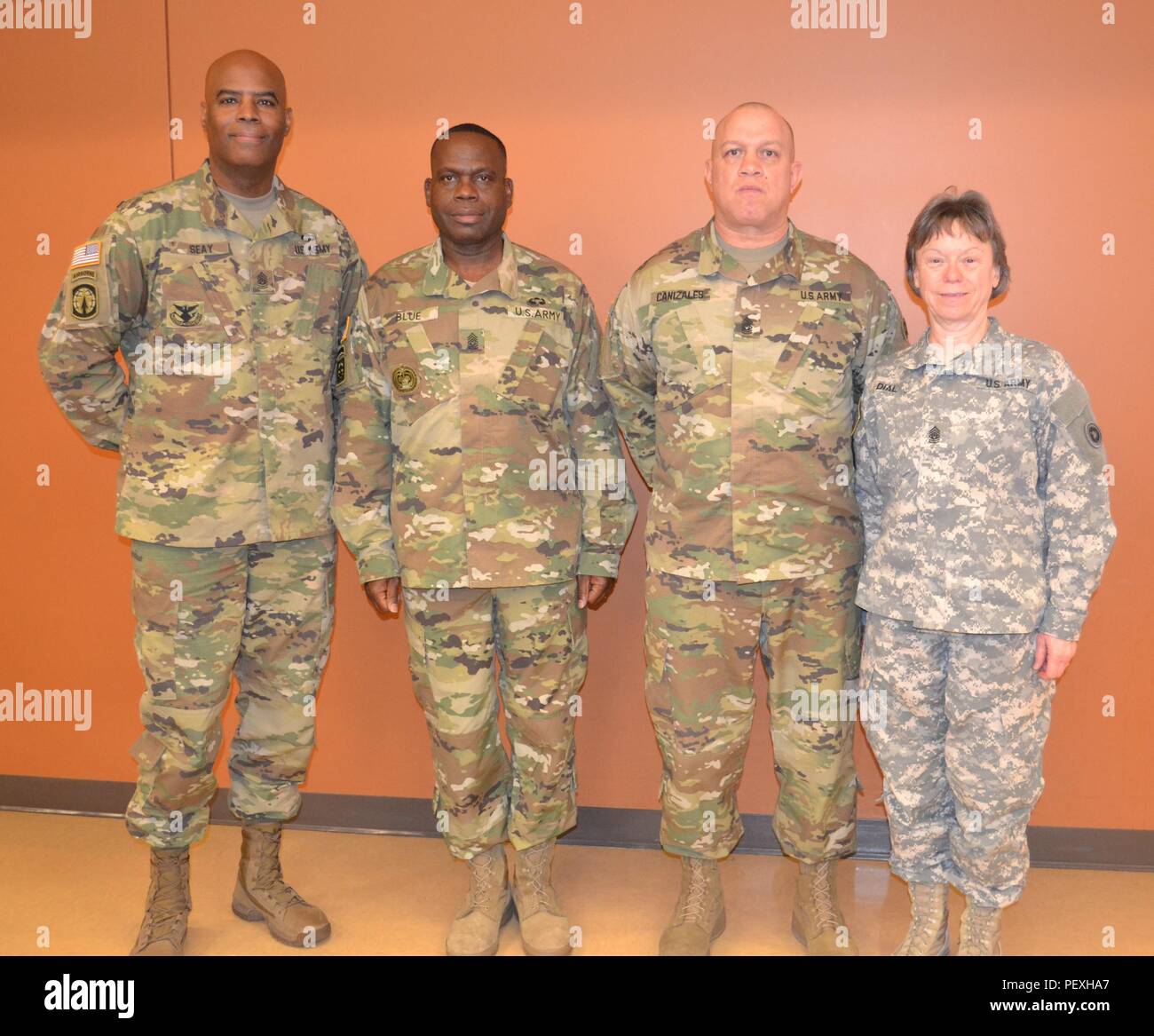 Command Sgt. Maj. Donald Seay, 483Rd Transport Battalion command Sergeant Major, Command Sgt. Maj. Grady Blau, 311 Expeditionary Sustainment Command Sergeant Major, Command Sgt. Maj. Mario Canizales, 650Th Region Support Group Sergeant Major und Command Sgt. Maj. Denise wählen, 469Th bekämpfen Sustainment Support Battalion command Sergeant Major, reiste nach Las Vegas, der zur Teilnahme an der 650th RSG jährliche Schulung Kurze Readiness Workshop 2016 George W. Dunaway Armee finden in Sloan, Nev, 24.02.27. Stockfoto