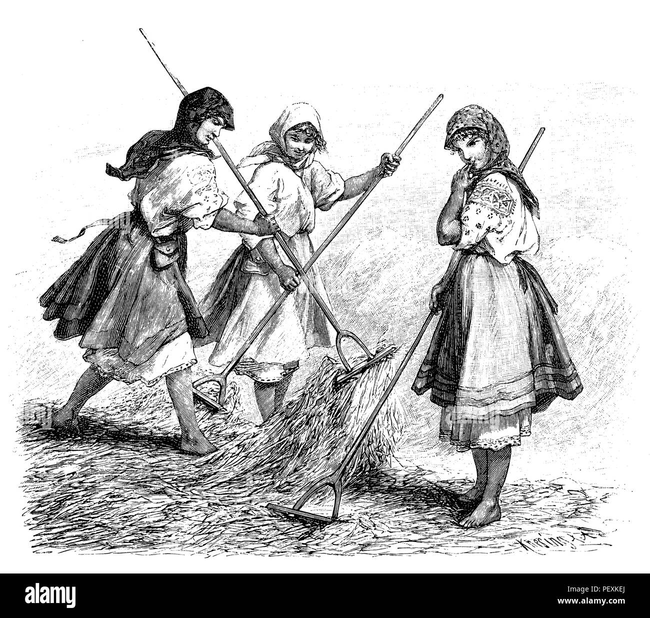 Russland: Zimmermädchen auf der Tenne, Stockfoto