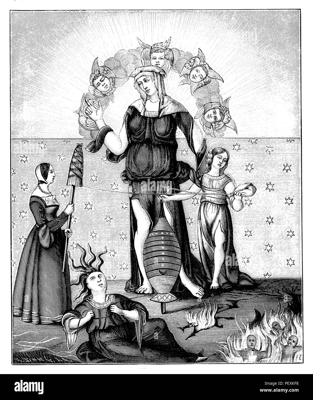 Allegorische Darstellung der Astrologie, von den drei Eltern umgeben. Nach einer Miniatur aus einer französischen Handschrift aus dem 16. Jahrhundert, 1902 Stockfoto