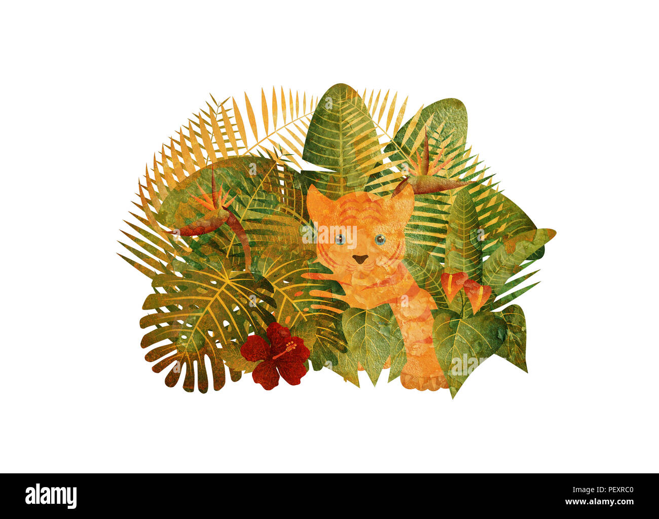 Tropischer Regenwald Dschungel Pflanzen mit Blättern, Blüten und Tiger Cub Grunge Textur isoliert auf weißem Hintergrund Farbe Abbildung: Stockfoto