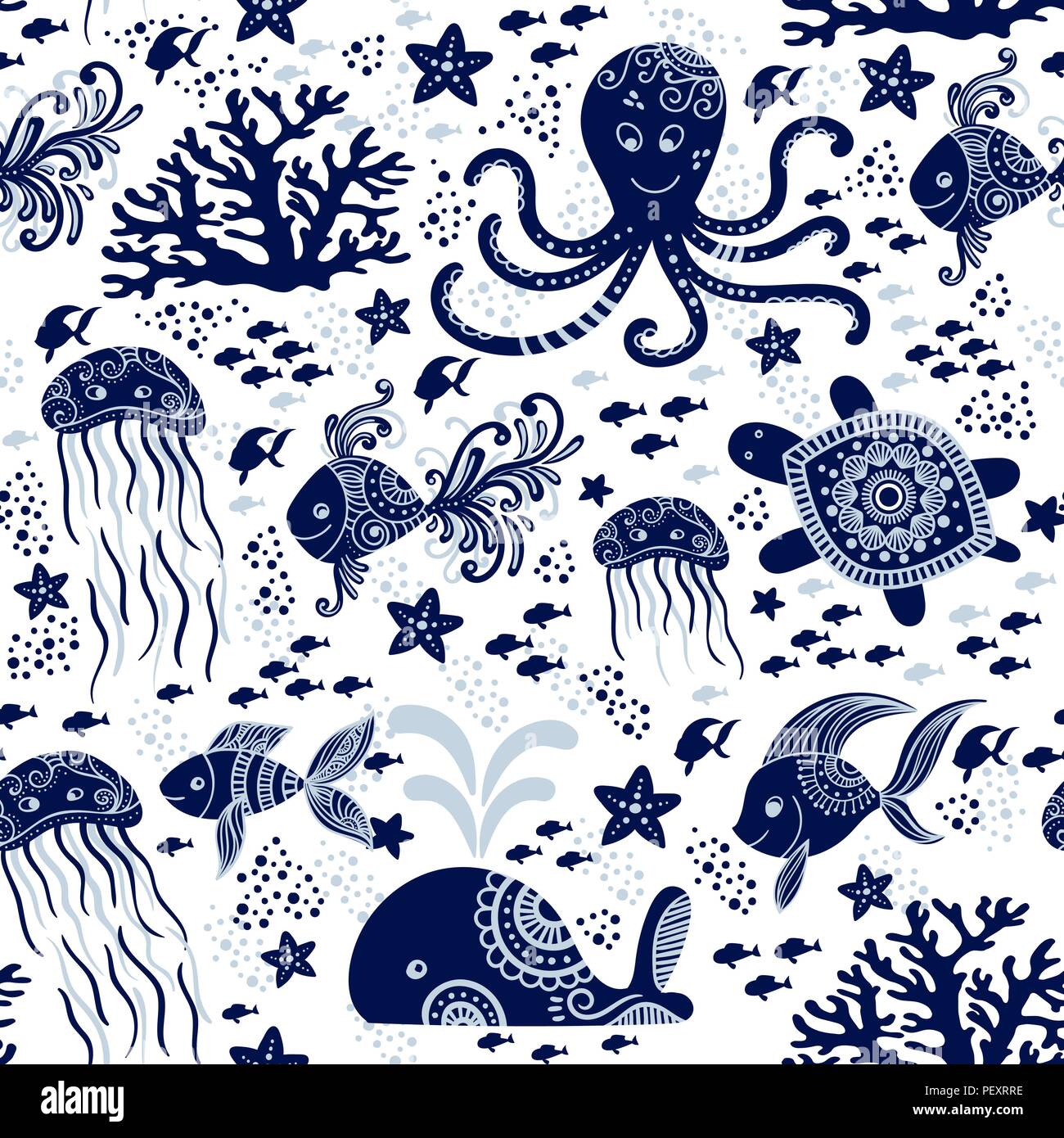 Nahtlose Muster mit Meer unterwasser Tiere. Cute cartoon Qualle, Kraken, Seesterne und Schildkröten. Marine Hintergrund für Kinder. Perfekt für Textildruck, Tuch, Design und Stoff Stock Vektor