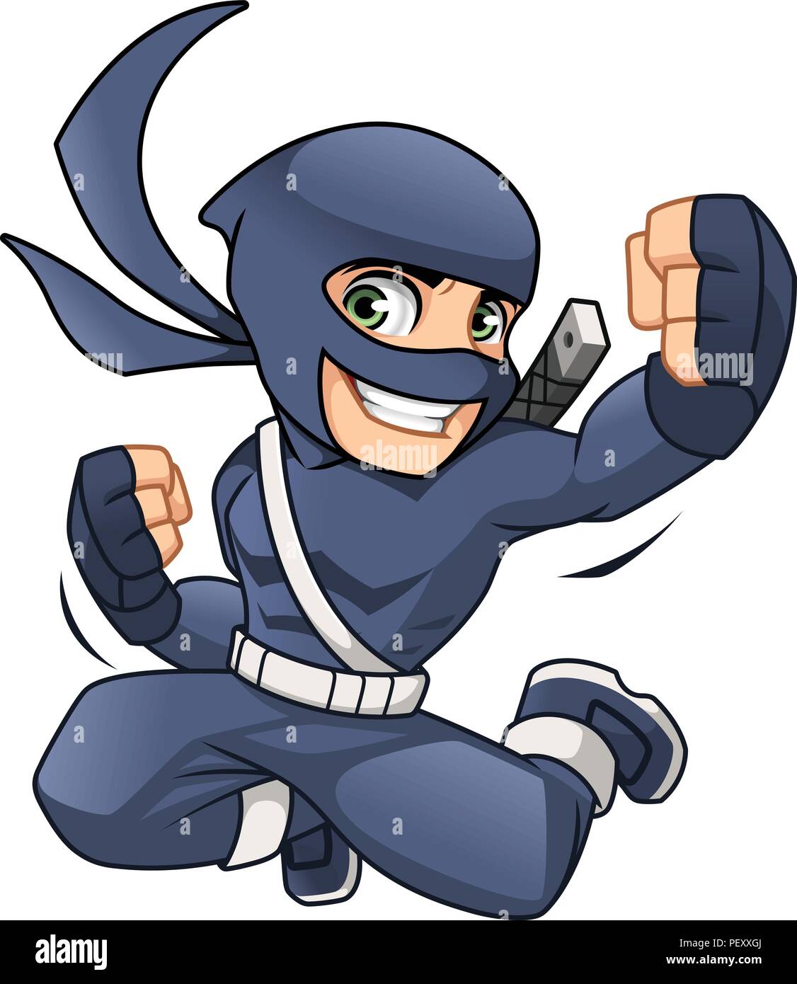 Ninja springt mit seiner Hand erfolgreich Cartoon Character Design Vector Illustration Stock Vektor