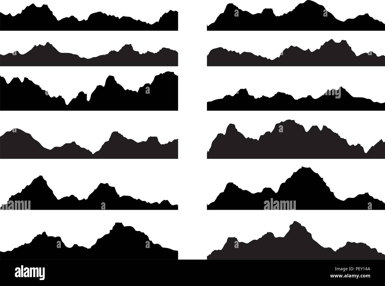 Vektor einrichten von Schwarzen und Weißen Berg Silhouetten, Hintergrund Grenze der Rocky Mountains. Stock Vektor