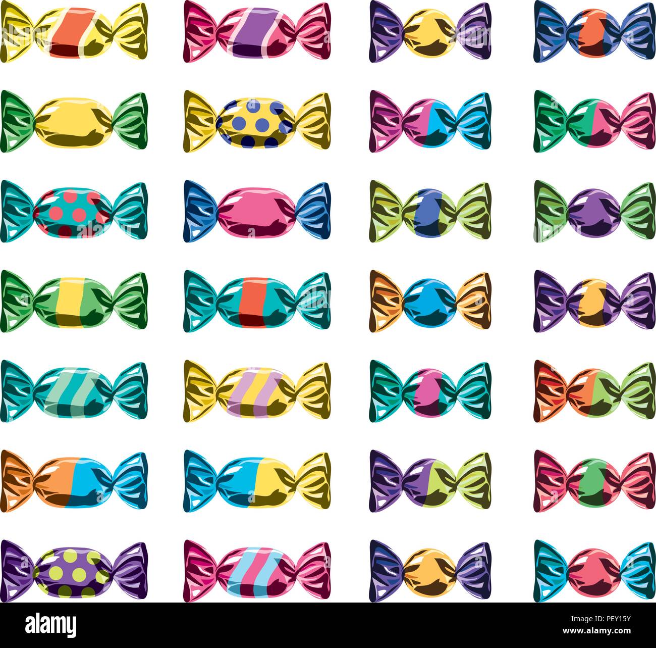 Vektor Sammlung von bunten verpackt Bonbons. Folienverpackung candy Symbole auf weißem Hintergrund. Stock Vektor