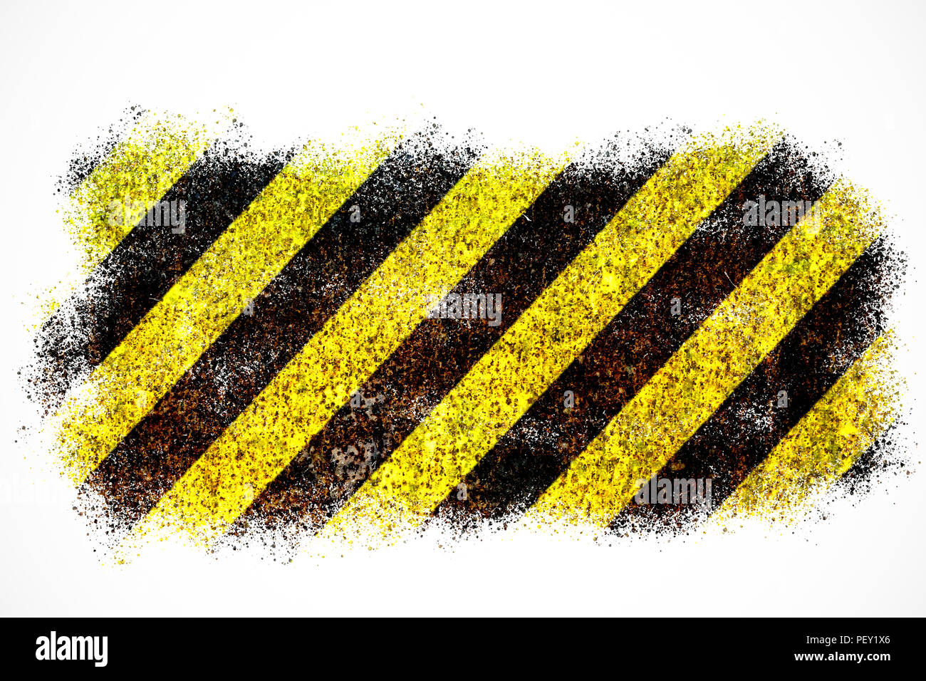 Warnschild gelben und schwarzen Streifen über rostige Metallplatte als Textur Hintergrund auf weißem Hintergrund gemalt. Konzept für nicht in den Stockfoto