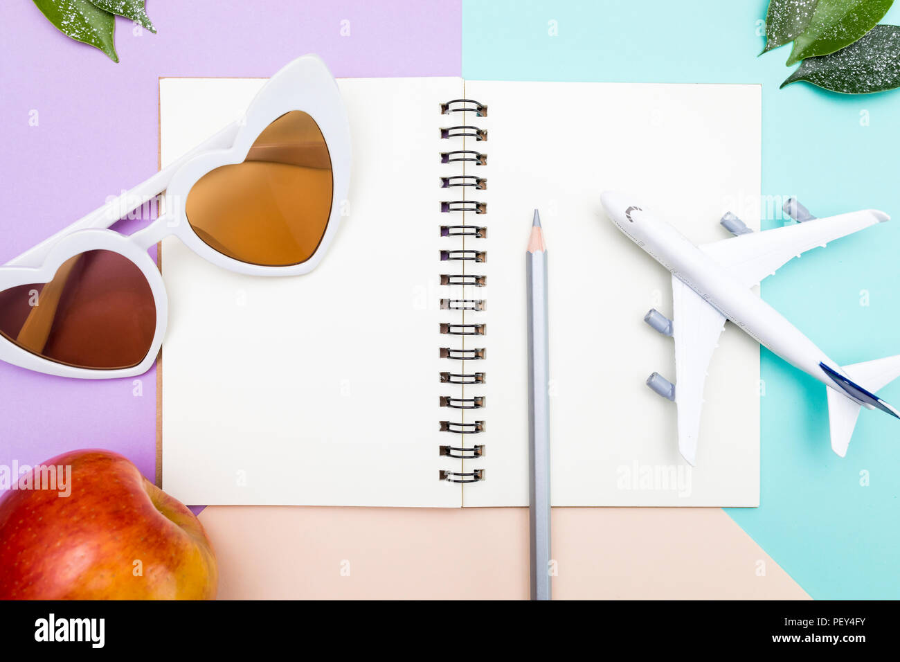 Die Reise Zubehör Einzelteile auf Pastellfarben Hintergrund, Sommerurlaub Konzept Stockfoto