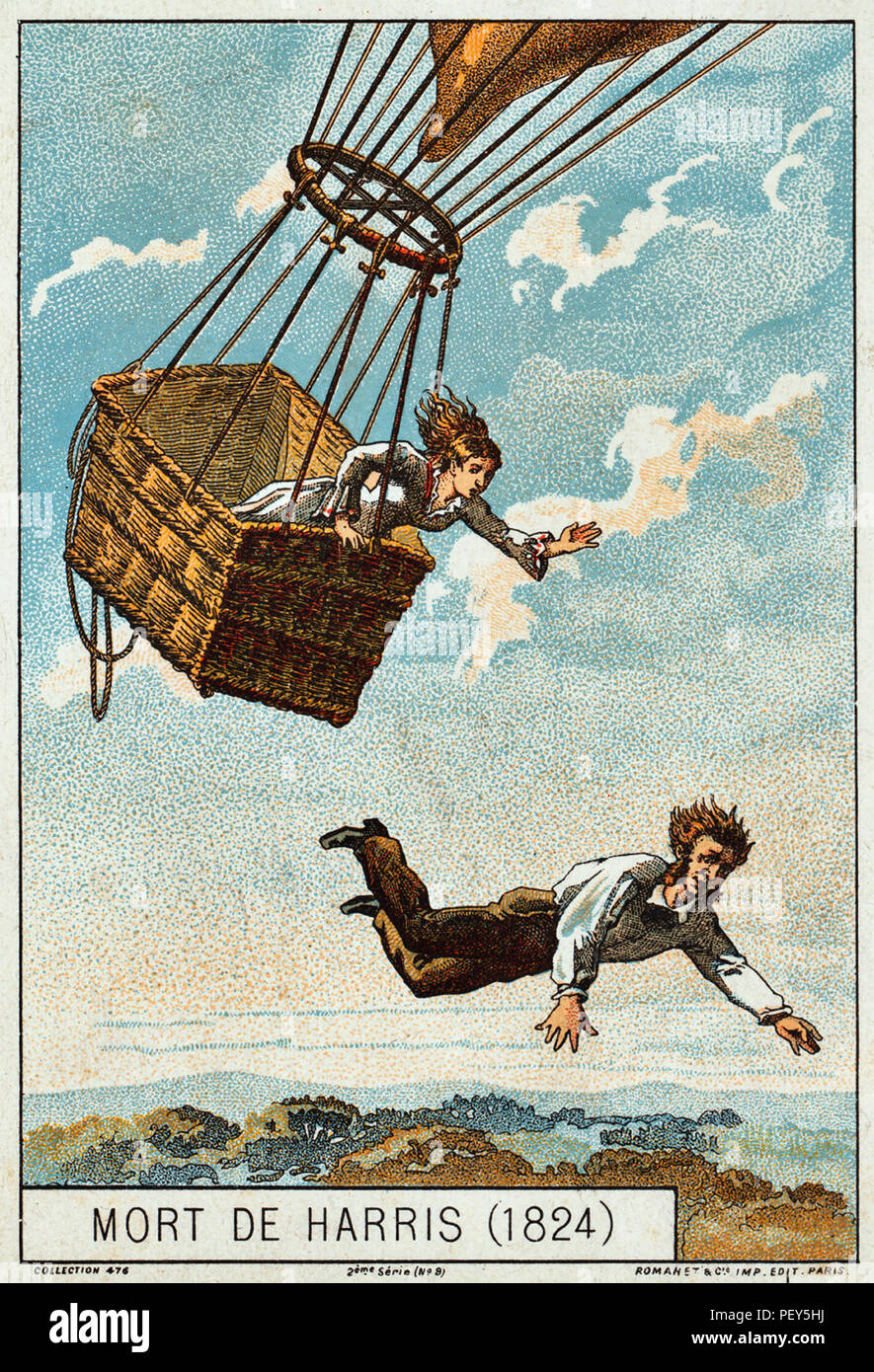 THOMAS HARRIS (?-1824) Englisch Ballonfahrer stirbt während des Fluges der Ballon Royal George vom 25. Mai 1824 Von Vauxhall, London. Tatsächlich war er im Crash, begleitet von Sophia Bestände, die überlebt haben, getötet. Teil einer französischen Sammlung card Serie veröffentlicht 1890-1900 Stockfoto