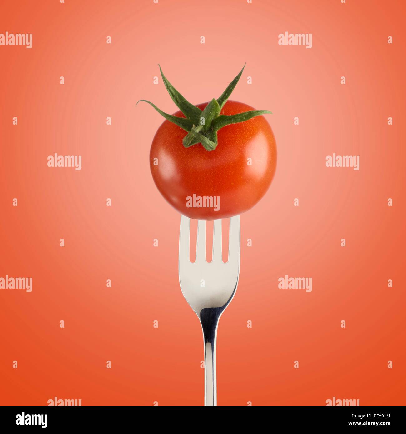 Tomaten auf eine Gabel. Stockfoto
