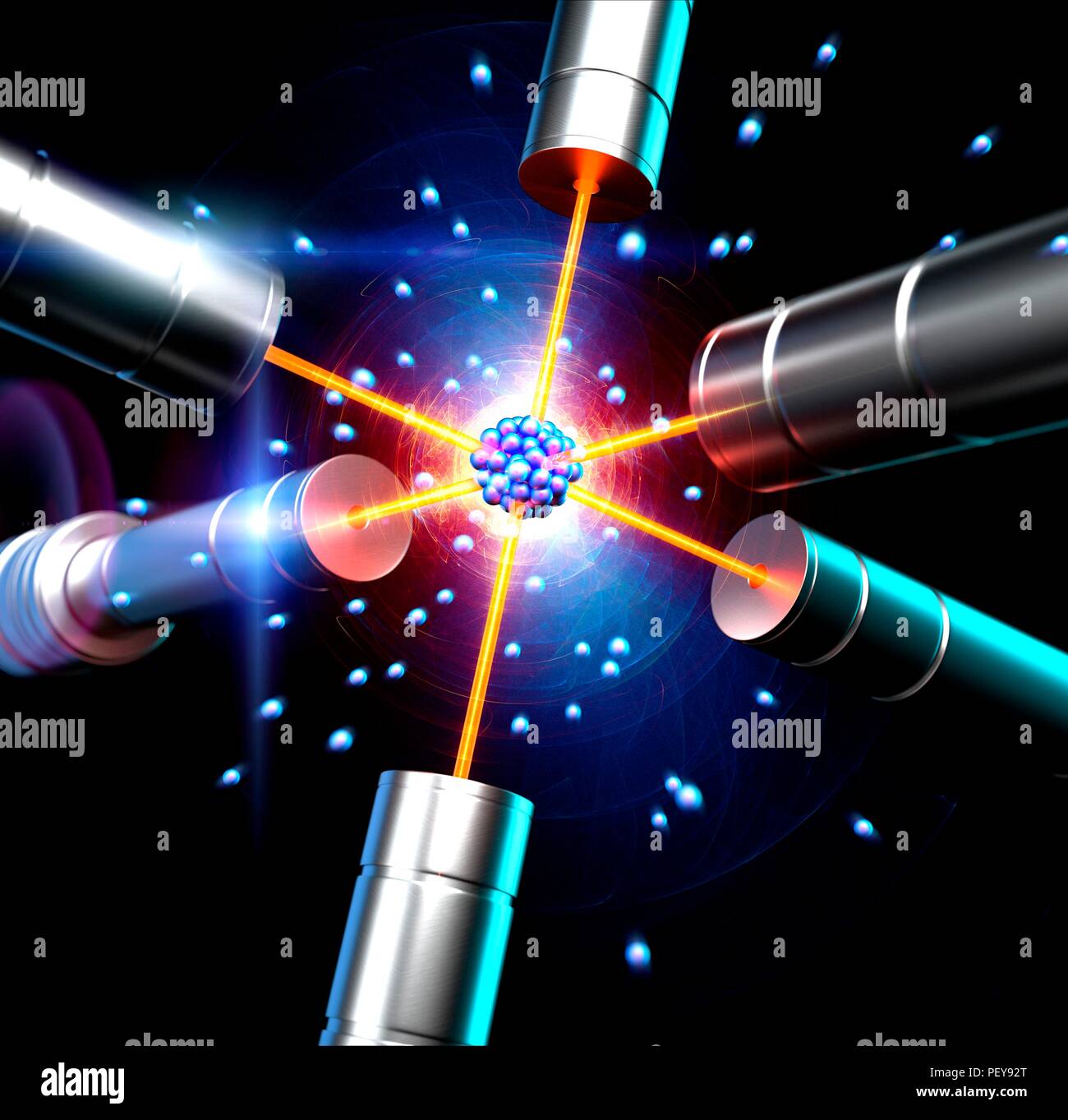 Atom für Laser ausgesetzt, computer Abbildung. Stockfoto