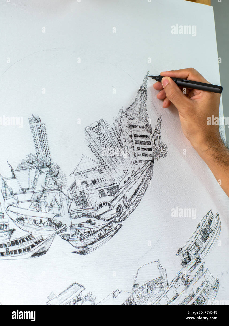 Closeup artist Handzeichnung schwarzen Kugelschreiber auf der weißen  Leinwand auf Staffelei, Konzeption Kunst über den Transport und die Stadt  Stockfotografie - Alamy