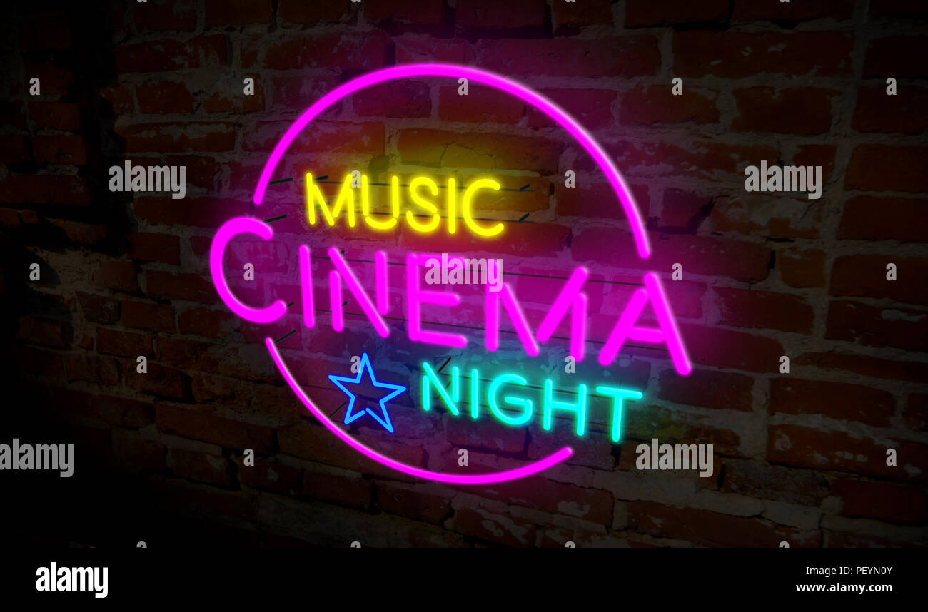 Musik Kino nacht Neon. 3D-Flug über die Glühbirne Schriftzüge auf Mauer  Hintergrund. Veranstaltung Werbung 3D-Abbildung Stockfotografie - Alamy