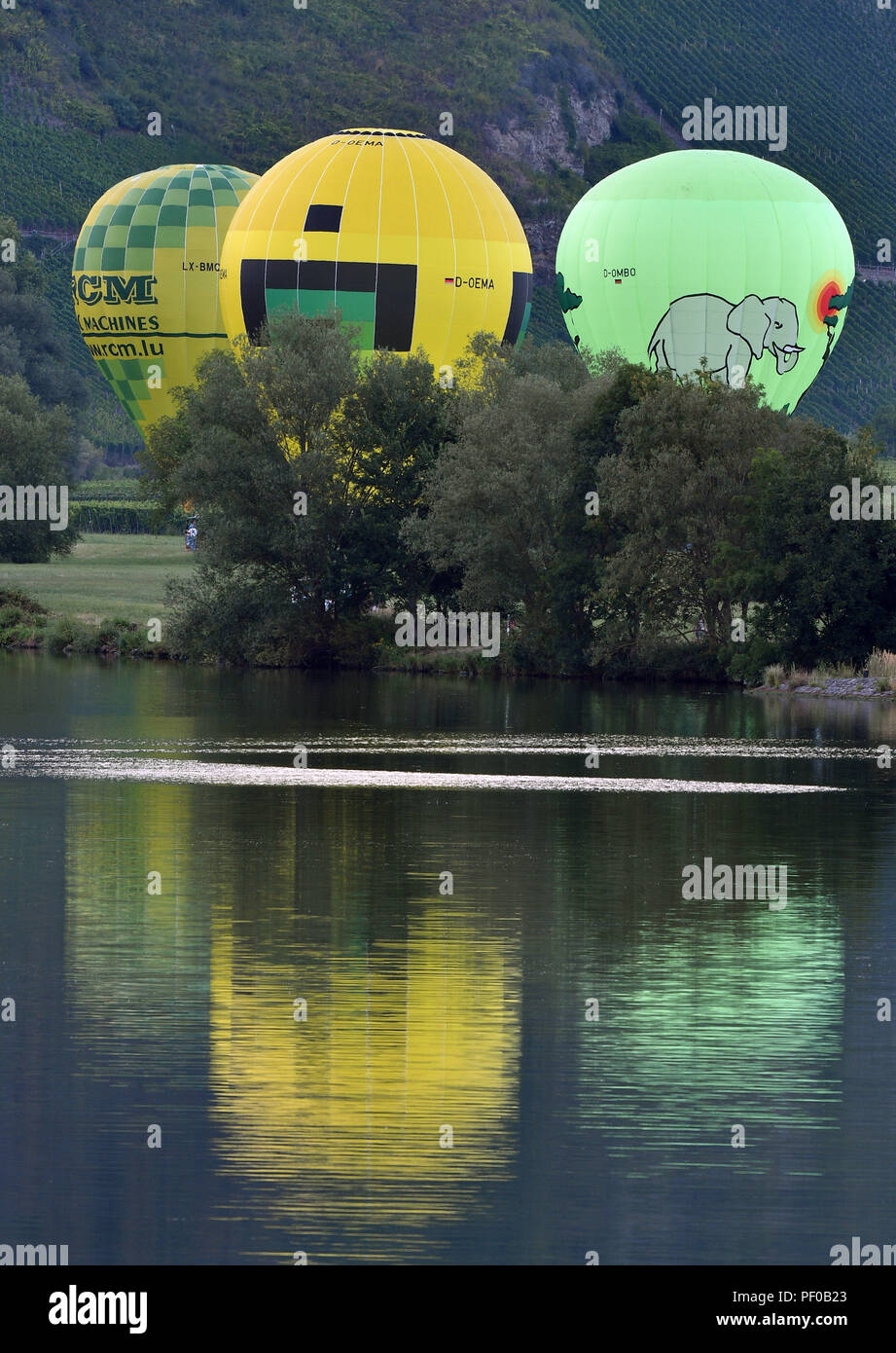 Neumagen-Dhron, Deutschland. 18 Aug, 2018. Heißluftballons Land an der Mosel. Sie nahmen an dem größten Heißluftballon-Treffen in Rheinland-Pfalz, die 'Mösel Ballon Fiesta" in Foehren. Credit: Harald Tittel/dpa/Alamy leben Nachrichten Stockfoto