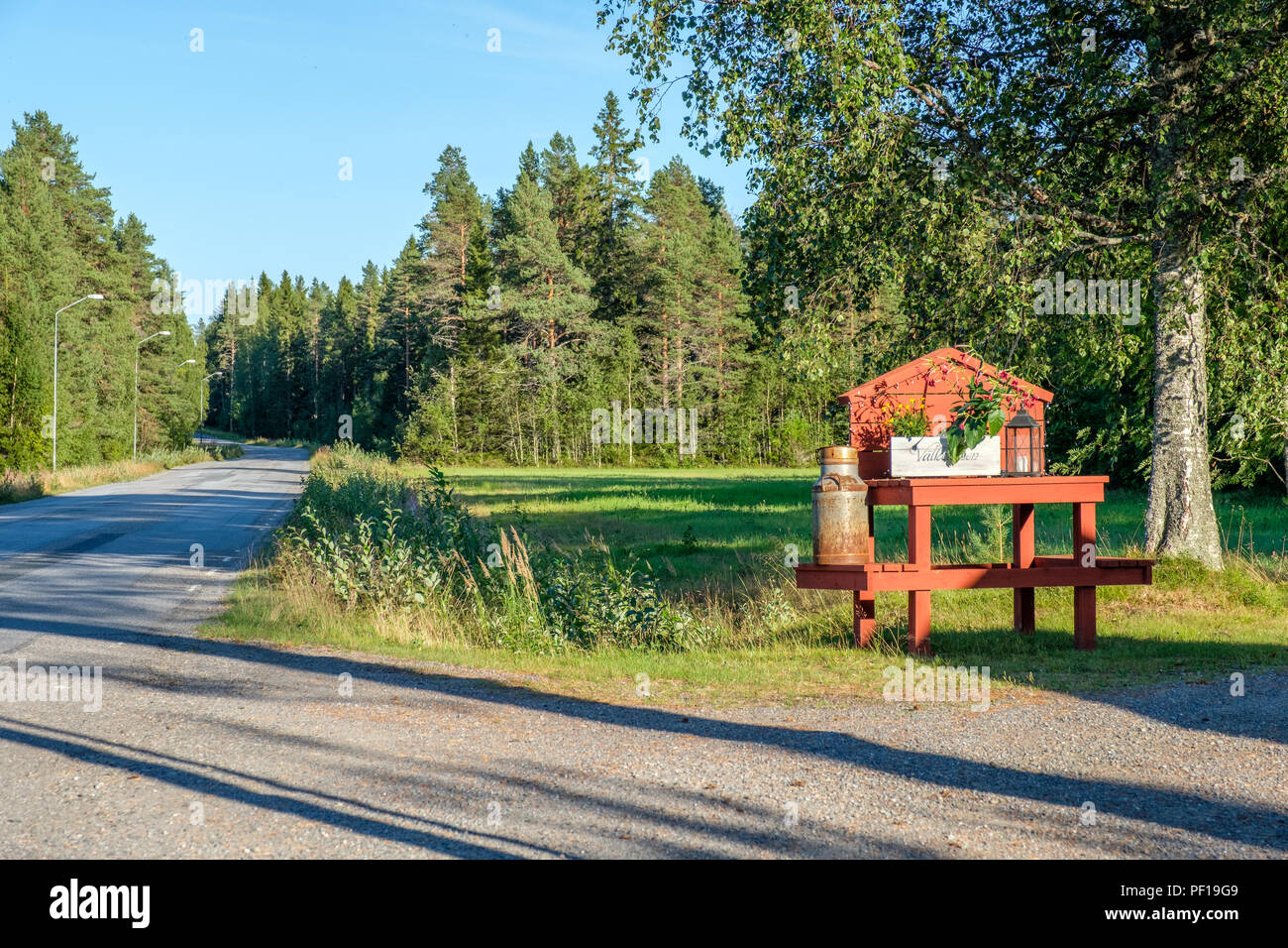 Traditionelle Milchkanne stehen für dekorative Zwecke entlang einer Straße in Nordschweden beibehalten Stockfoto