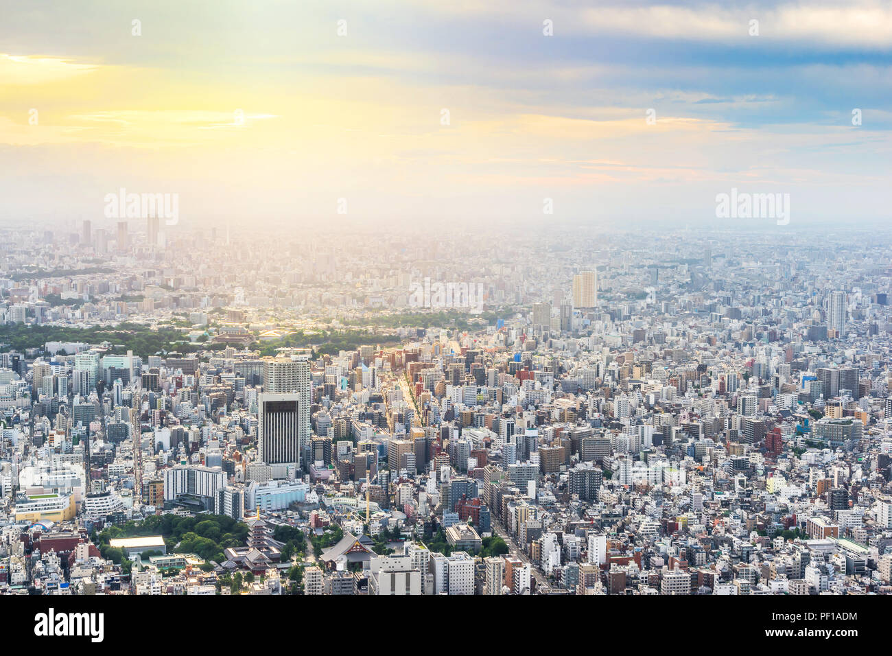 Asien Business Konzept für Immobilien und Corporate Bau - Panoramablick auf die City Skyline Luftbild unter Dämmerung Himmel und Golden Sun in Tokio Stockfoto
