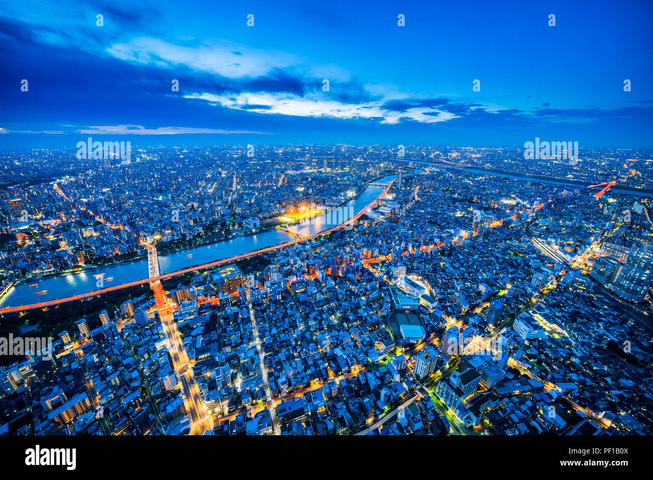 Asien Business Konzept für Immobilien und Corporate Bau - Panoramablick auf die City Skyline Luftbild unter Dämmerung Himmel und Neon Nacht in Tokio Stockfoto