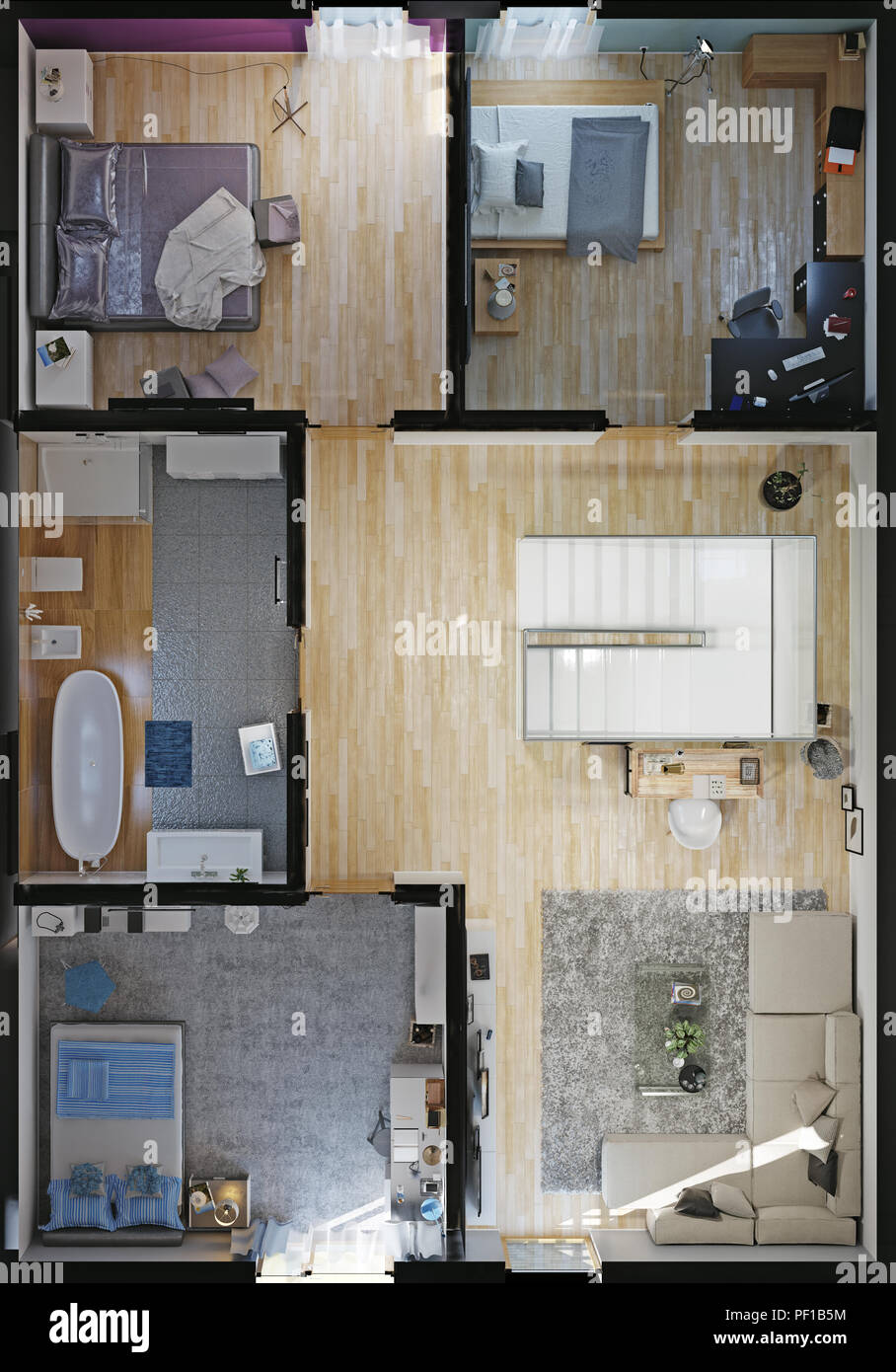 Modernes Haus Zimmer Ansicht von oben. 3D-Rendering Stockfoto