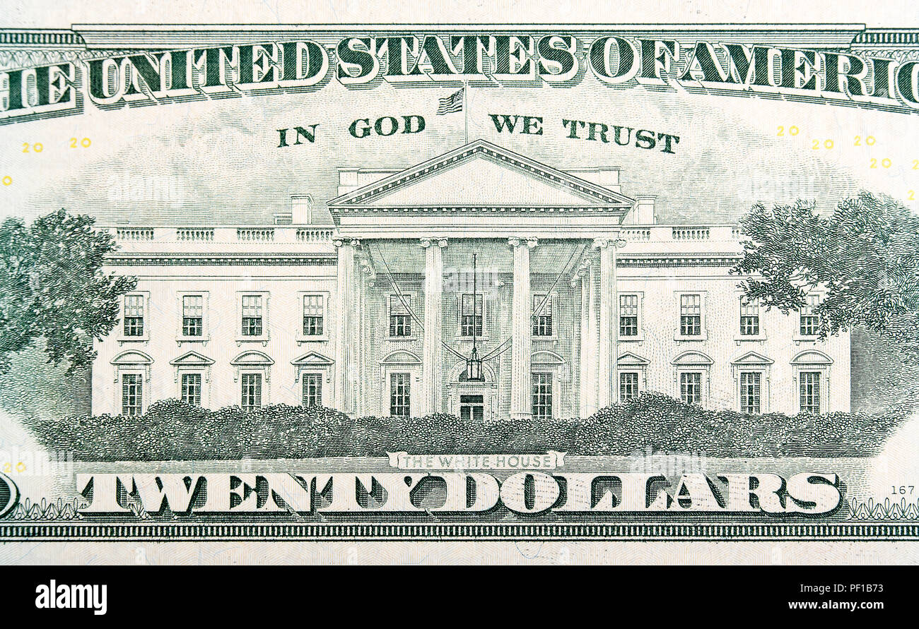 Weiße Haus auf der zwanzig Dollar Bill. Hochauflösendes Foto. Stockfoto