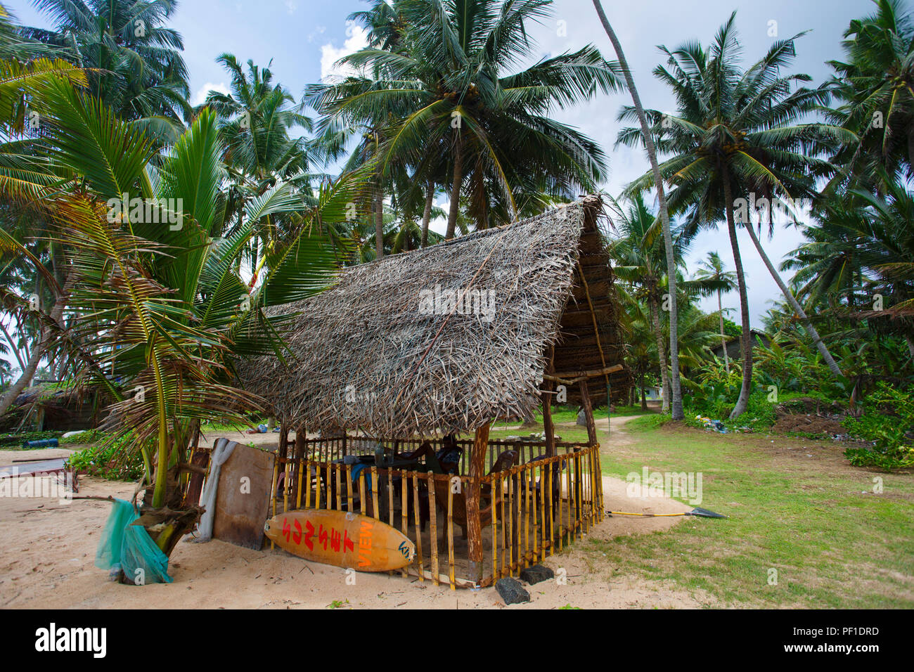 Anzeigen geflochtene Haus Surfbretter zu mieten. Akurava Strand, Sri Lanka, 3. Juni 2016 Stockfoto