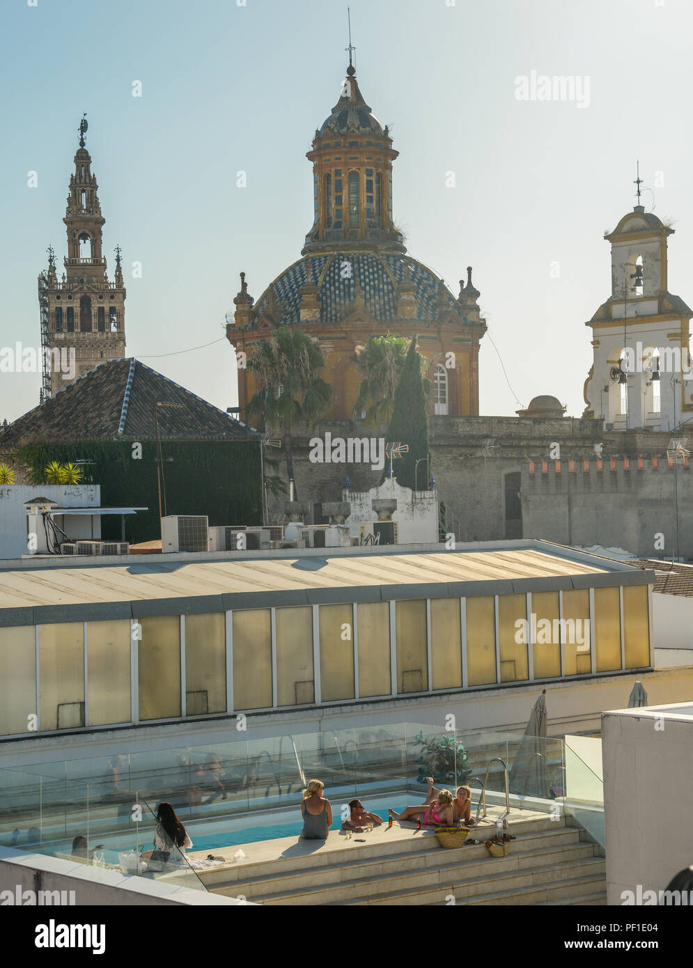 Sevilla, Spanien - 15. Juli 2018: Ein glücklicher Mensch und fünf Frauen ein erfrischendes Bad im Pool auf der Dachterrasse genießen Sie mit einige alkoholische Getränke mit Blick auf die Skyline von Sevil Stockfoto