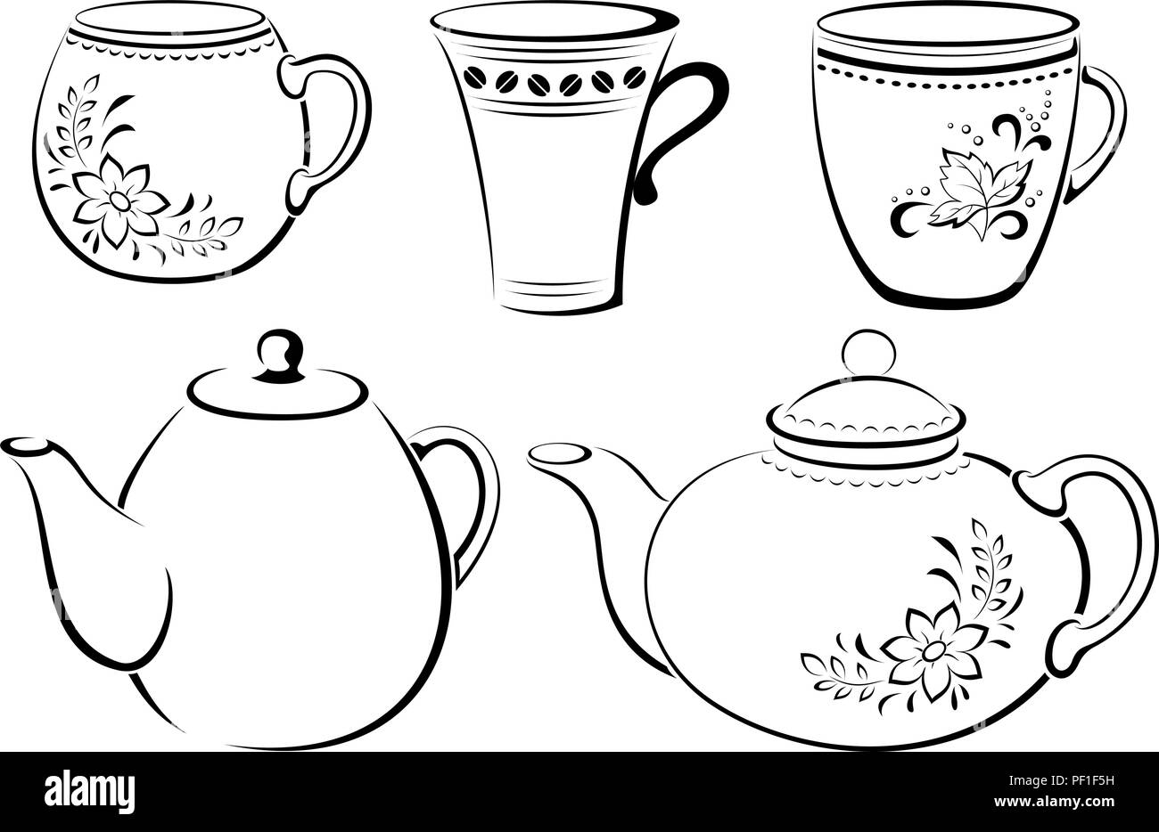 China Teekannen, Tassen mit Blumenmuster, Schwarz Piktogramme isoliert auf weißem Hintergrund. Vektor Stock Vektor