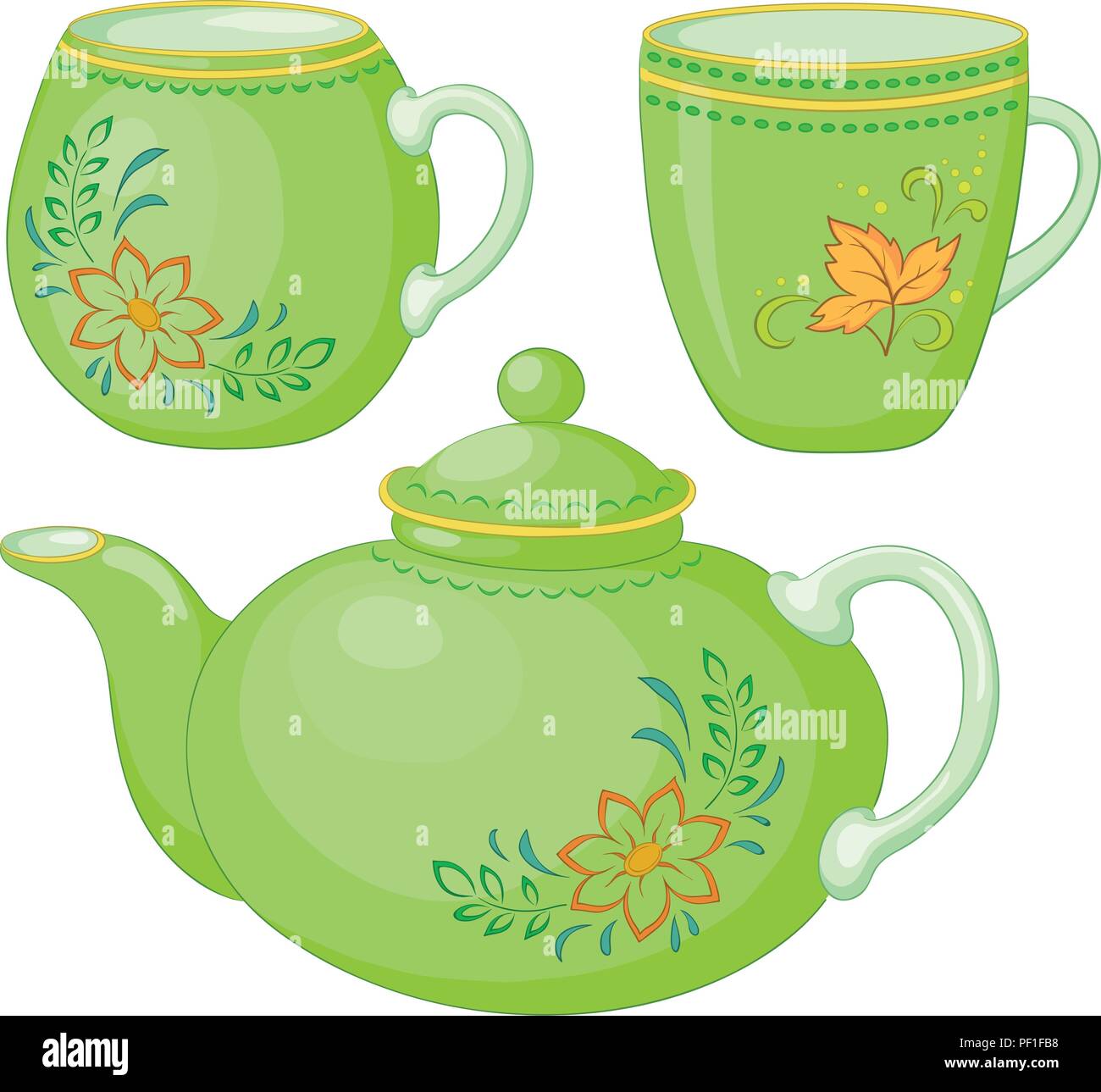 Green China Teekanne und Tassen mit einem Muster von Blumen und Blättern, isoliert auf weißem Hintergrund. Vektor Stock Vektor