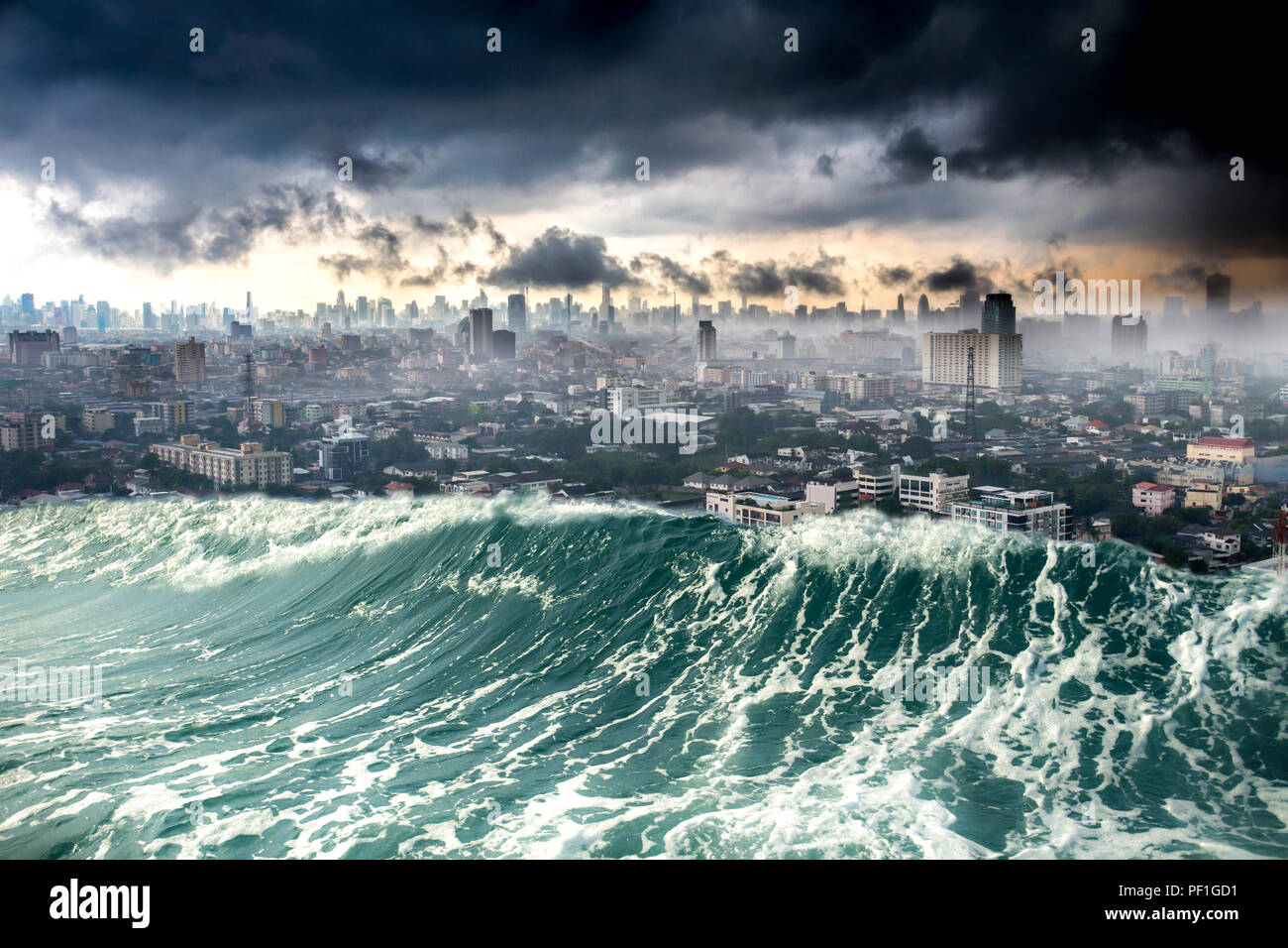 Natur Katastrophe Stadt, Die Von Tsunamiwellen Zerstört Stockfotografie ...