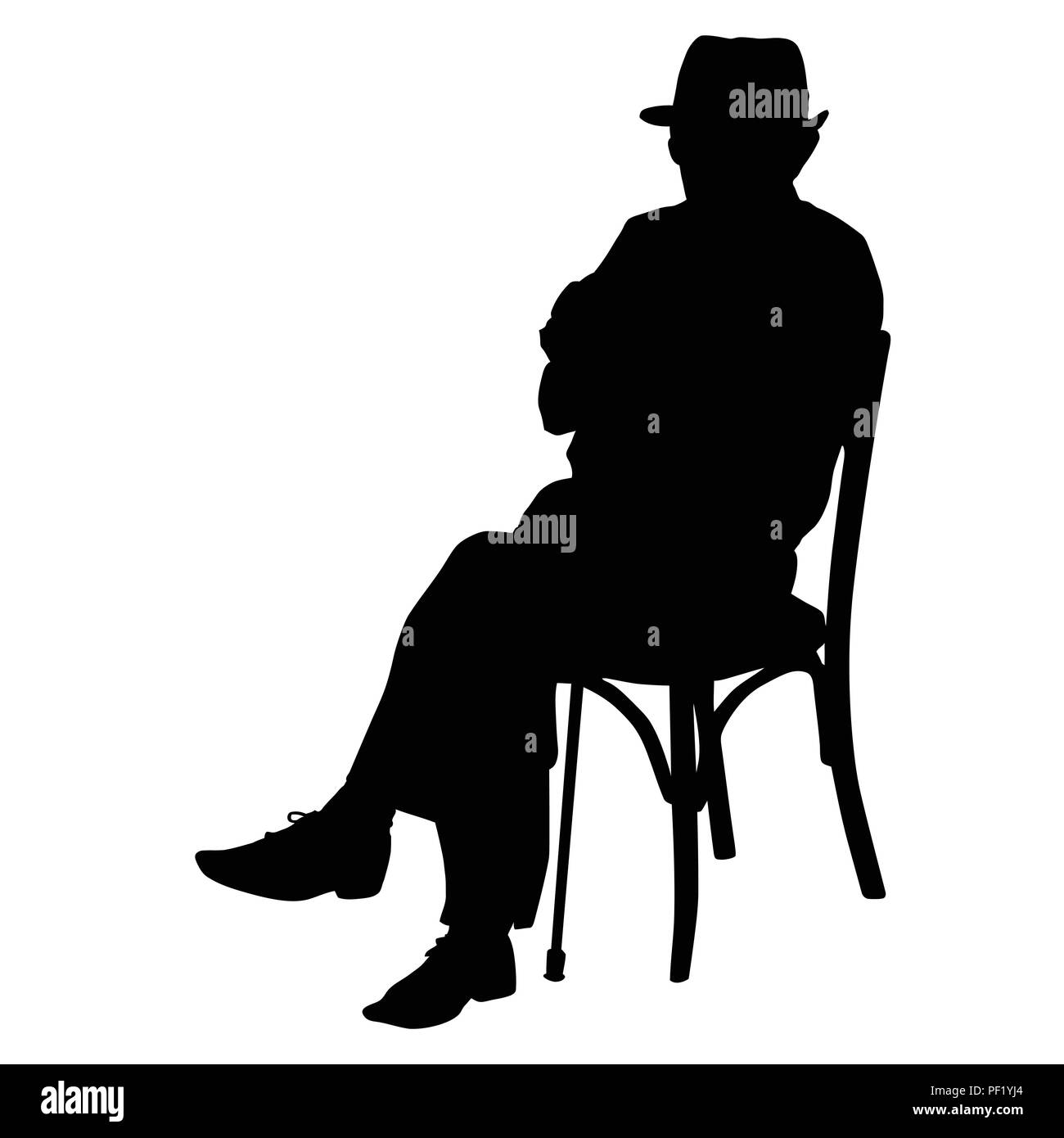 Silhouette von einem alten Mann mit einem Stock auf einem Stuhl sitzend auf weißem Hintergrund, Vector Illustration Stock Vektor