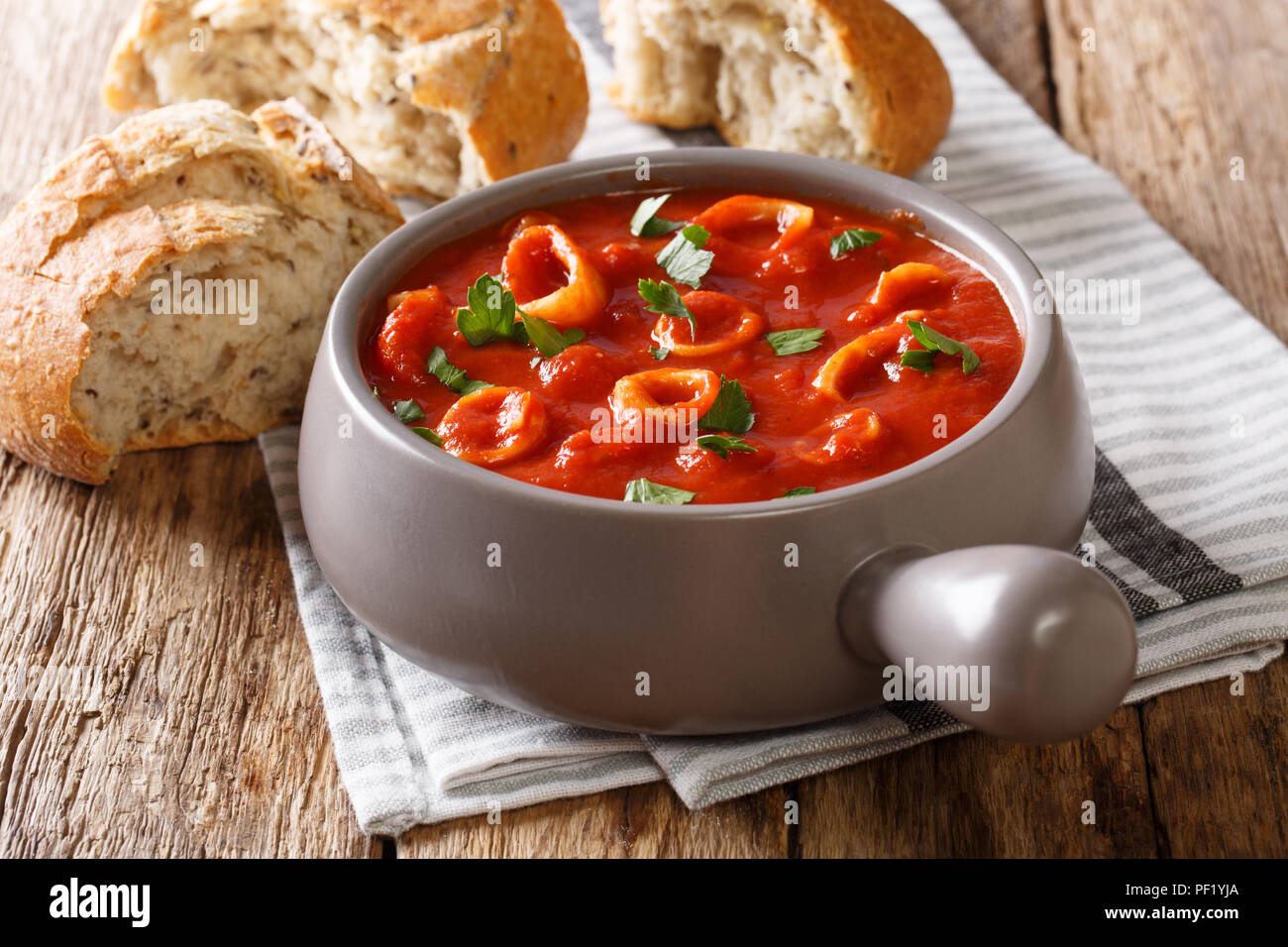 Geschmorte Tintenfische in Tomatensauce mit Gewürzen, Zwiebeln, Pfeffer und Petersilie close-up in eine Schüssel und frisches Brot mit Oliven auf den Tisch. Horizontale Stockfoto