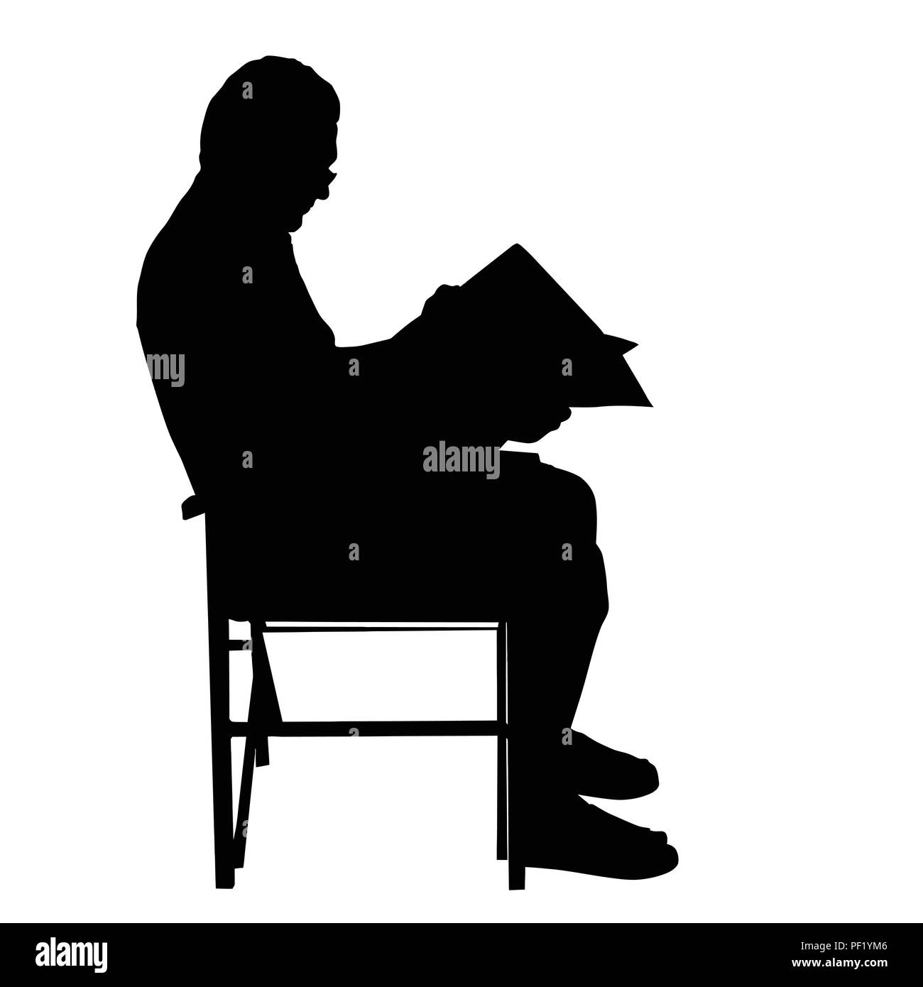 Ältere Menschen das Lesen von Zeitungen auf dem Stuhl, Vektor Silhouette auf weißem Hintergrund Stock Vektor
