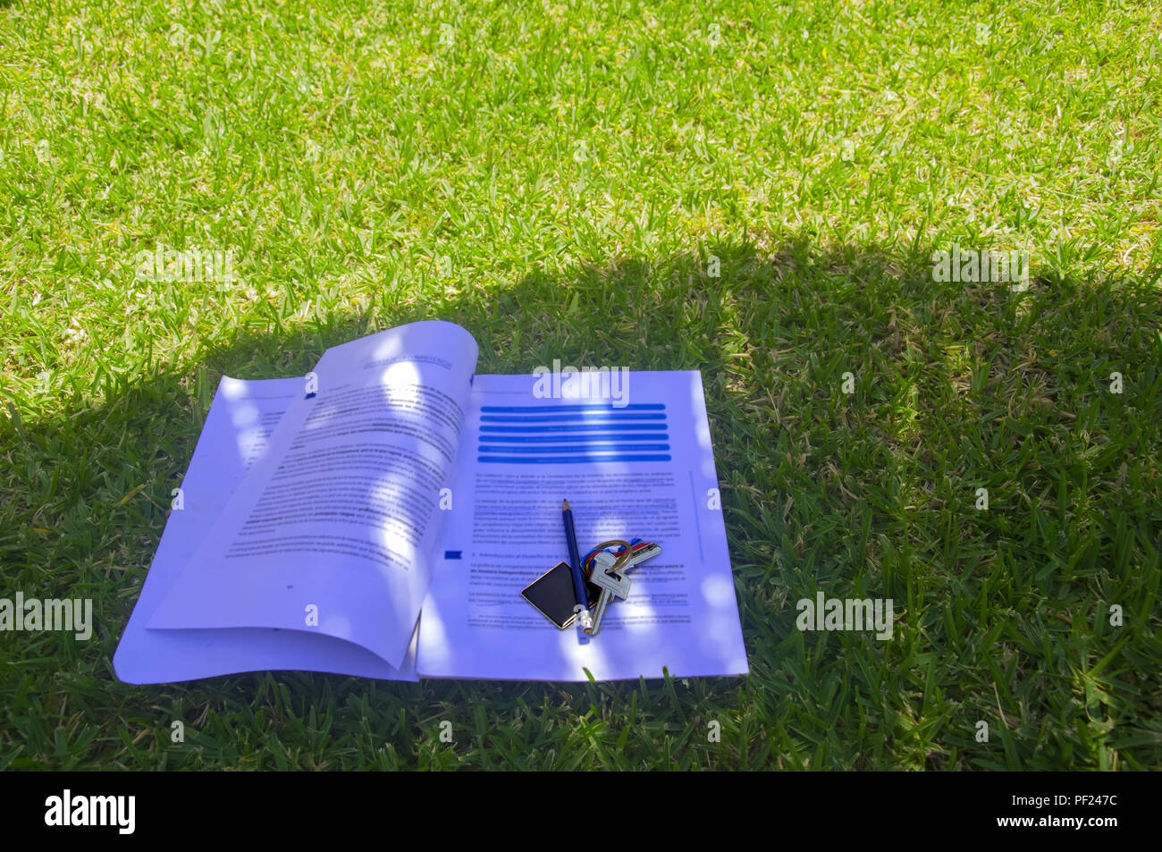 Papiere mit Lektionen zu studieren, Bleistift und Schlüssel im Schatten auf dem Rasen Stockfoto