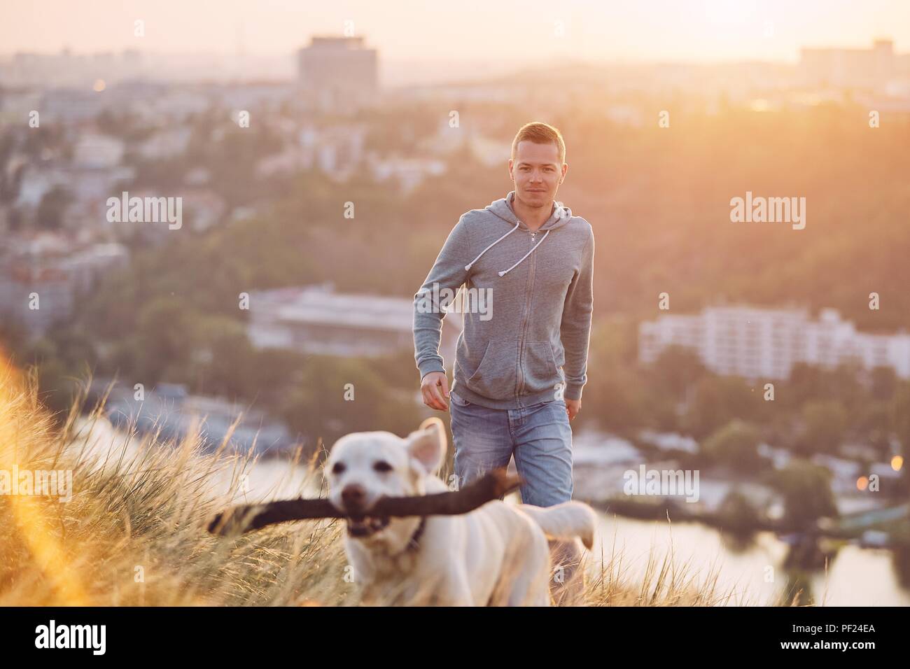Morgen Spaziergang mit Hund. Junger Mann und seinem Labrador Retriever auf der Wiese gegen Stadt bei Sonnenaufgang. Stockfoto
