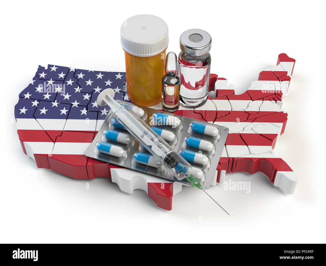 Gesundheit, Gesundheitswesen, Medizin und Pharmazie in USA Konzept. Pillen, Vials und Spritzen auf der Landkarte der Vereinigten Staaten isoliert auf weißem Hintergrund. 3d-illust Stockfoto