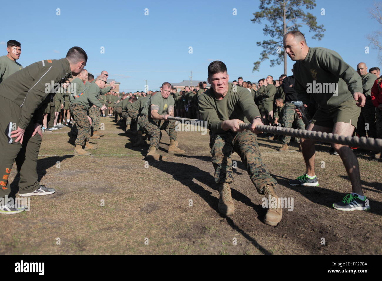 Us-Marines mit Logistik Schule, Marine Corps Combat Service Support Schulen (MCCSSS), beteiligen sich an der Tug-of-War Event während der MCCSSS Feld Treffen an Bord Camp Johnson, N.C., Feb.26, 2016 statt. Studenten und Mitarbeiter des MCCSSS im Feld konkurriert treffen Kameradschaft und Motivation unter den Schulen zu fördern. (U.S. Marine Corps Combat Kamera Foto von Cpl. Laura Mercado/Freigegeben) Stockfoto