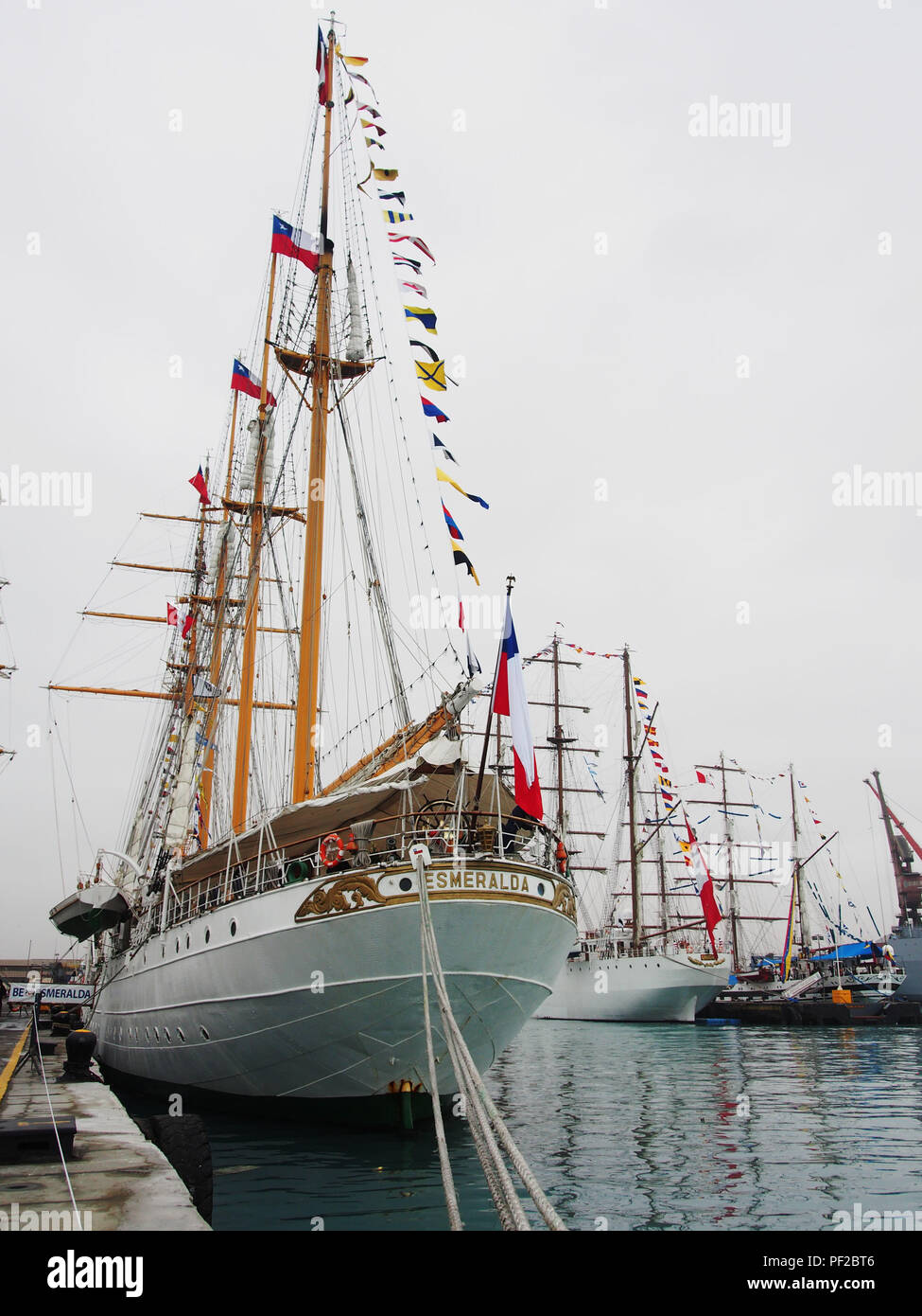 Stern der Esmeralda aus Chile günstig auf das Dock während der "nautischen Velas Latinoamerica 2018" Veranstaltung, die in Lima Peru stattfindet. Die Veranstaltung versammelt 8 Schulung Segelschiffe aus lateinamerikanischen Ländern. Stockfoto