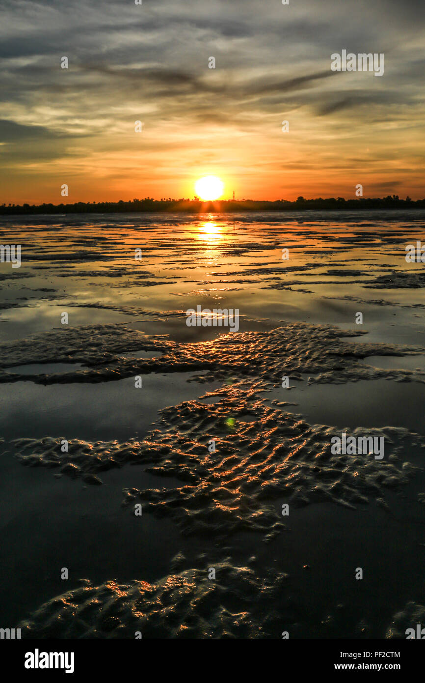 Die Sonne geht über dem Wattenmeer auf Stockfoto