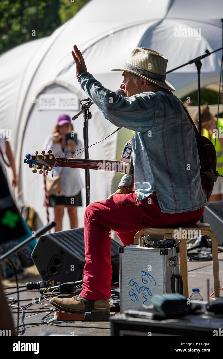 Blues Gitarrist und Sänger Robin Bibi führt an einem Open Air Festival an einem heißen Tag in London. Stockfoto