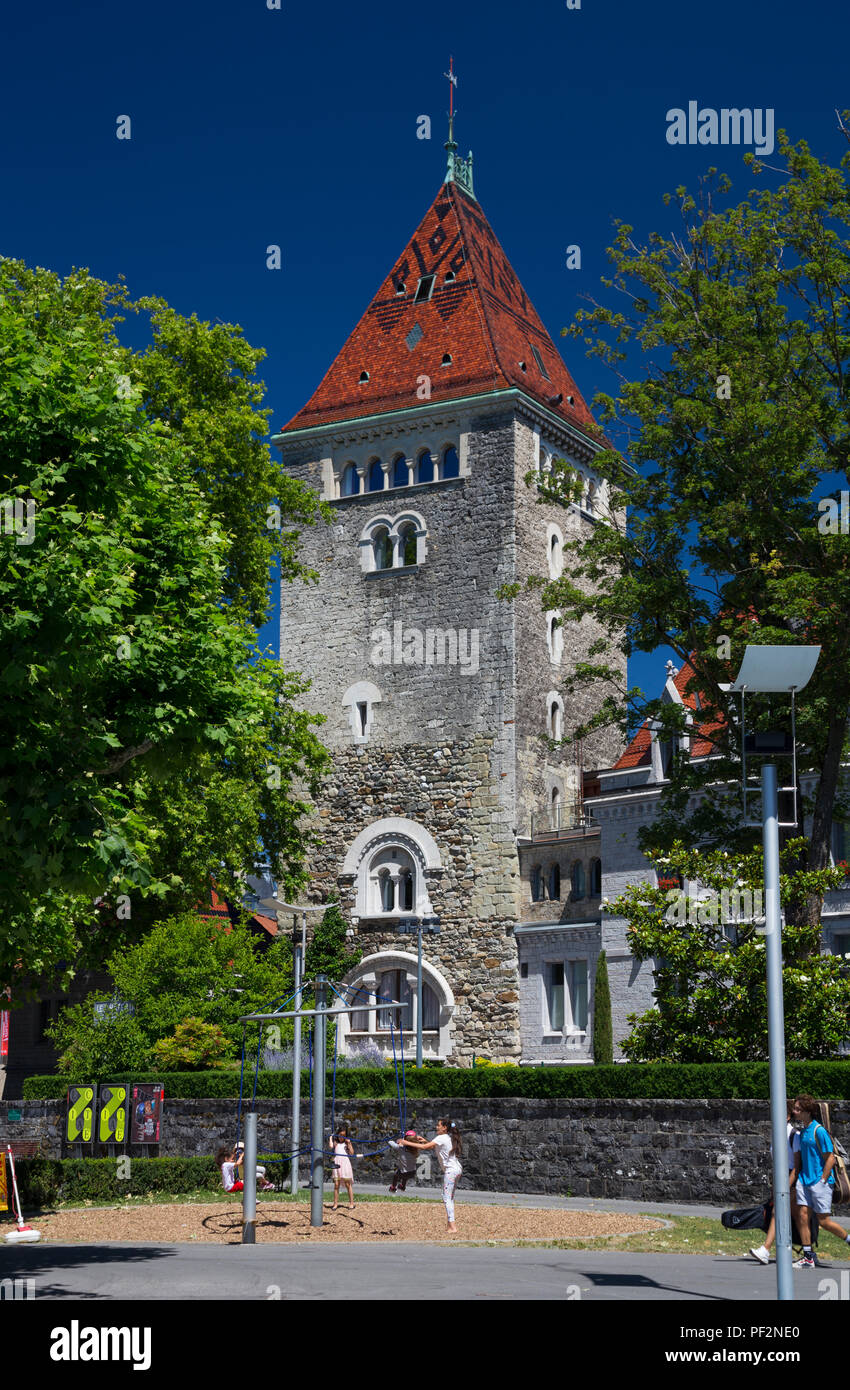 Dungeon Tower von Chateau d'Ouchy, Lausanne, Schweiz Stockfoto