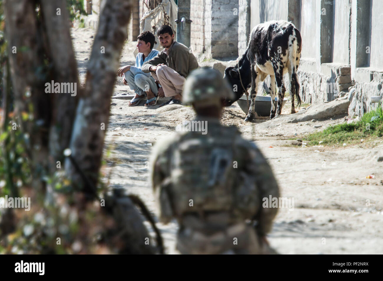 Ein Soldat der US-Armee auf den 10 Mountain Division bietet Sicherheit bei einer wichtigen Leader Engagement außerhalb des Lagers Fenty, Afghanistan, Jan. 18, 2016. Die Soldaten sind in die 3. Staffel, 89th Cavalry Regiment zugeordnet und eingesetzt zur Unterstützung der Operation inhärenten Lösen. (U.S. Air Force Foto: Staff Sgt. Corey Haken/Freigegeben) Stockfoto