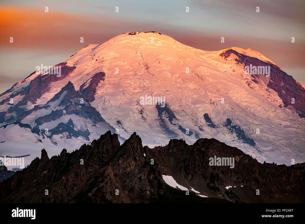 WA 14813-00 ... WASHINGTON - Sonnenaufgang am Mount Rainier gesehen vom Rand der Landstraße 410 oberhalb Tipsoo See in Mount Rainier National Park. Stockfoto