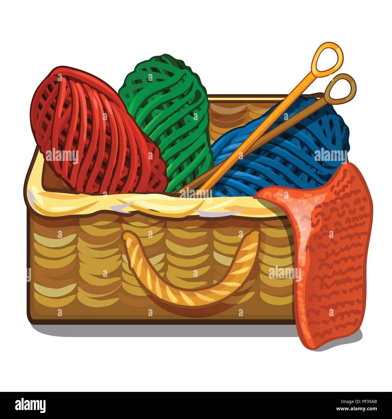 Set aus bunten Kabelsalat Wolle Garn und Stricknadeln sind in einem wicker  Kiste auf einem weißen Hintergrund. Vektor cartoon Close-up Abbildung  Stock-Vektorgrafik - Alamy