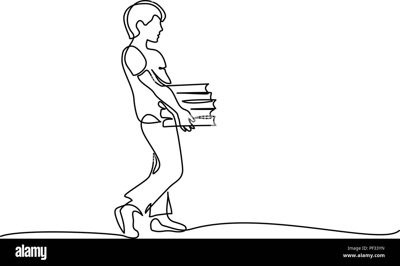 Kontinuierliche eine Linie zeichnen. Junge mit Stapel Bücher. Vector Illustration Stock Vektor