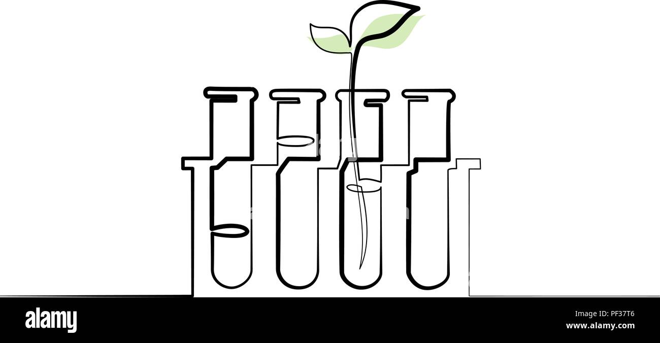Kontinuierliche eine Linie zeichnen. Chemisches Labor kontert mit Pflanzen sprießen. Vector Illustration Stock Vektor