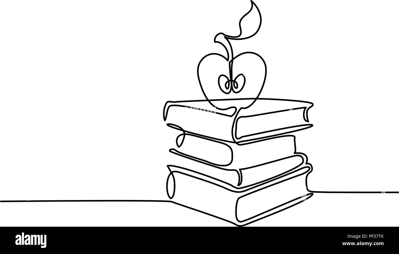 Durchgehende Linie zeichnen. Stapel von Büchern mit Apple. Vector Illustration Stock Vektor