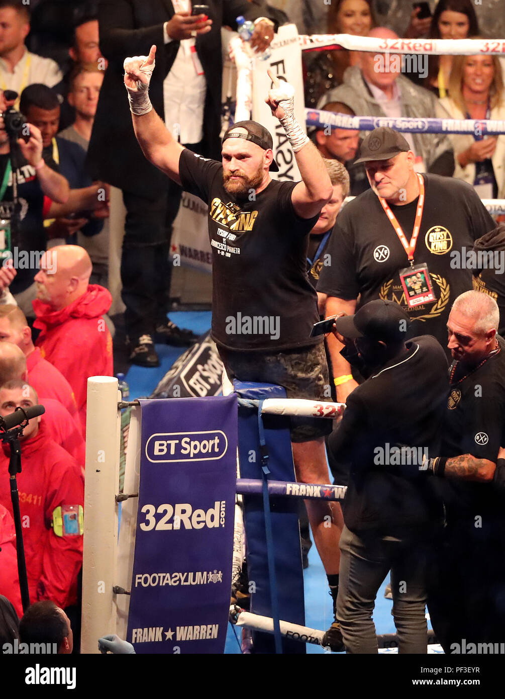 Tyson Fury feiert Sieg gegen Francesco Pianeta während der Kampf im Schwergewicht im Windsor Park, Belfast. Stockfoto